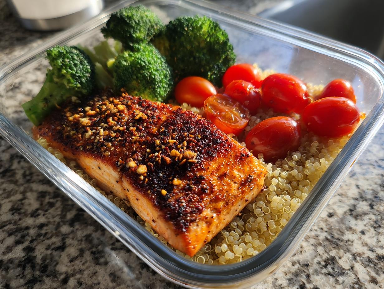 Spiced salmon meal prep with quinoa, broccoli, and cherry tomatoes in a glass container