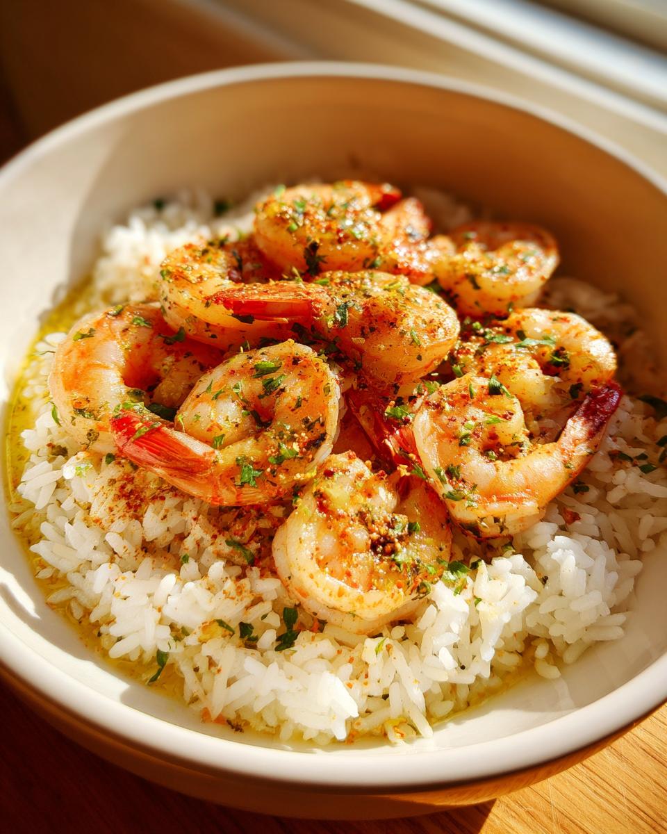Bowl of spiced shrimp on a bed of white rice garnished with herbs and seasoning