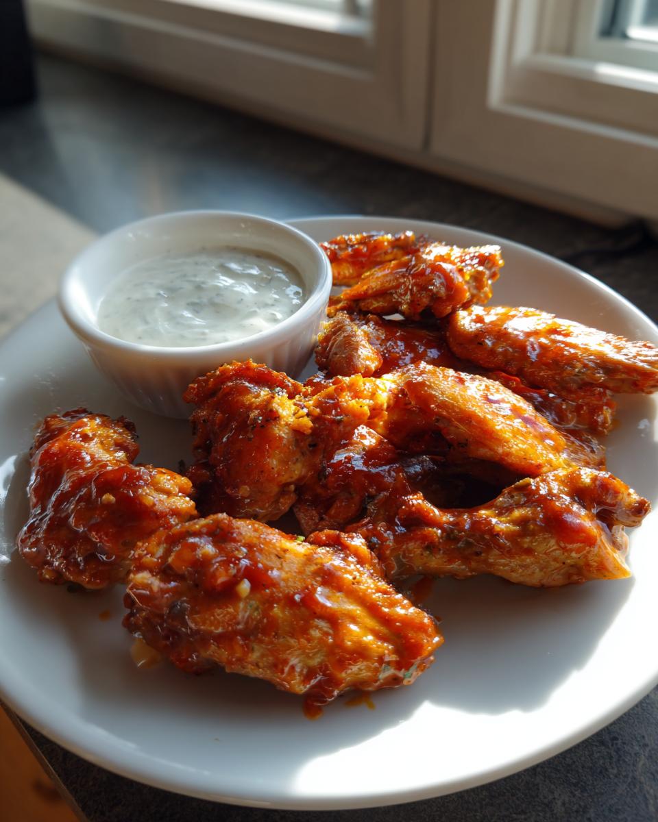 Plate of spicy buffalo chicken wings with a side of ranch dip, perfect super bowl appetizers