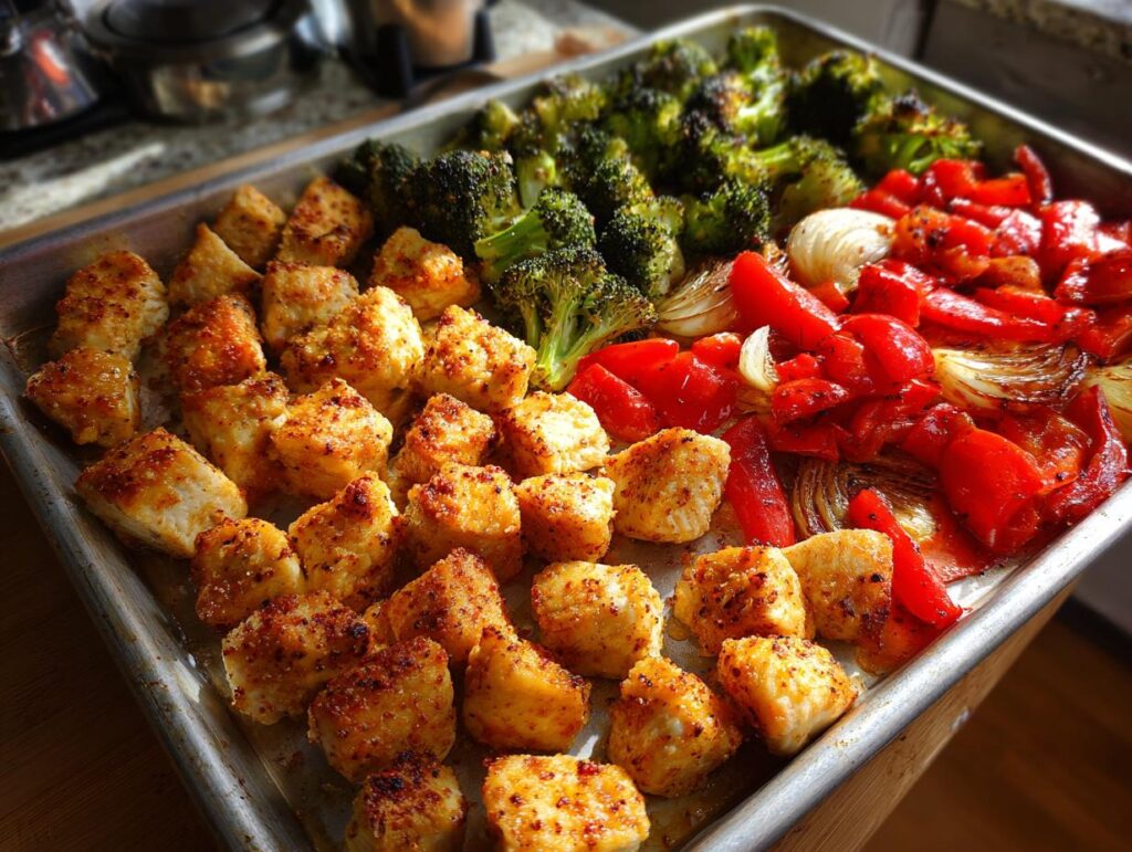 Sheet pan dinners with seasoned chicken, roasted broccoli, red bell peppers, and onions.