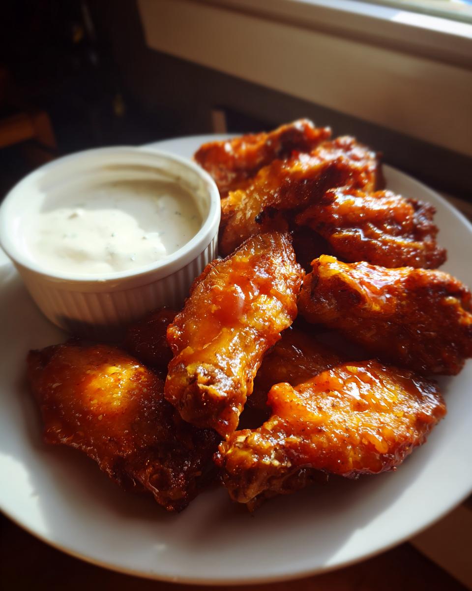 Plate of spicy chicken wings served with a side of creamy dipping sauce, perfect super bowl appetizers.