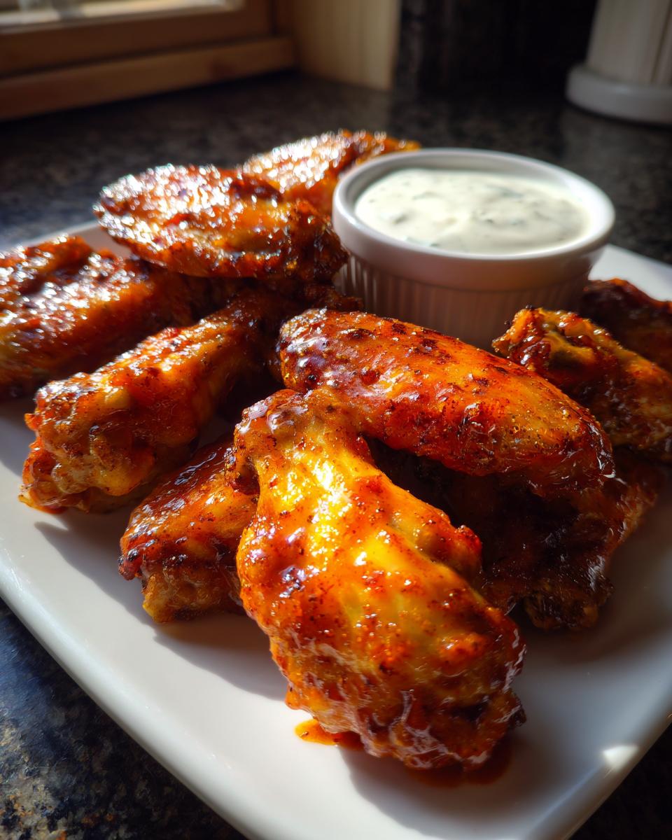 Plate of spicy chicken wings served with a small bowl of ranch dip, perfect super bowl appetizers