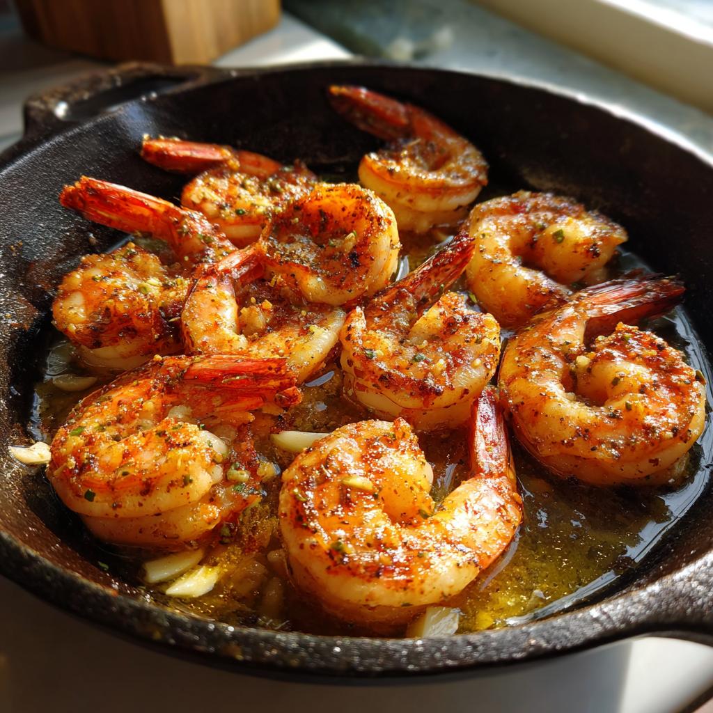 Close-up of spicy garlic shrimp sizzling in a cast iron skillet for shrimp dinner ideas.