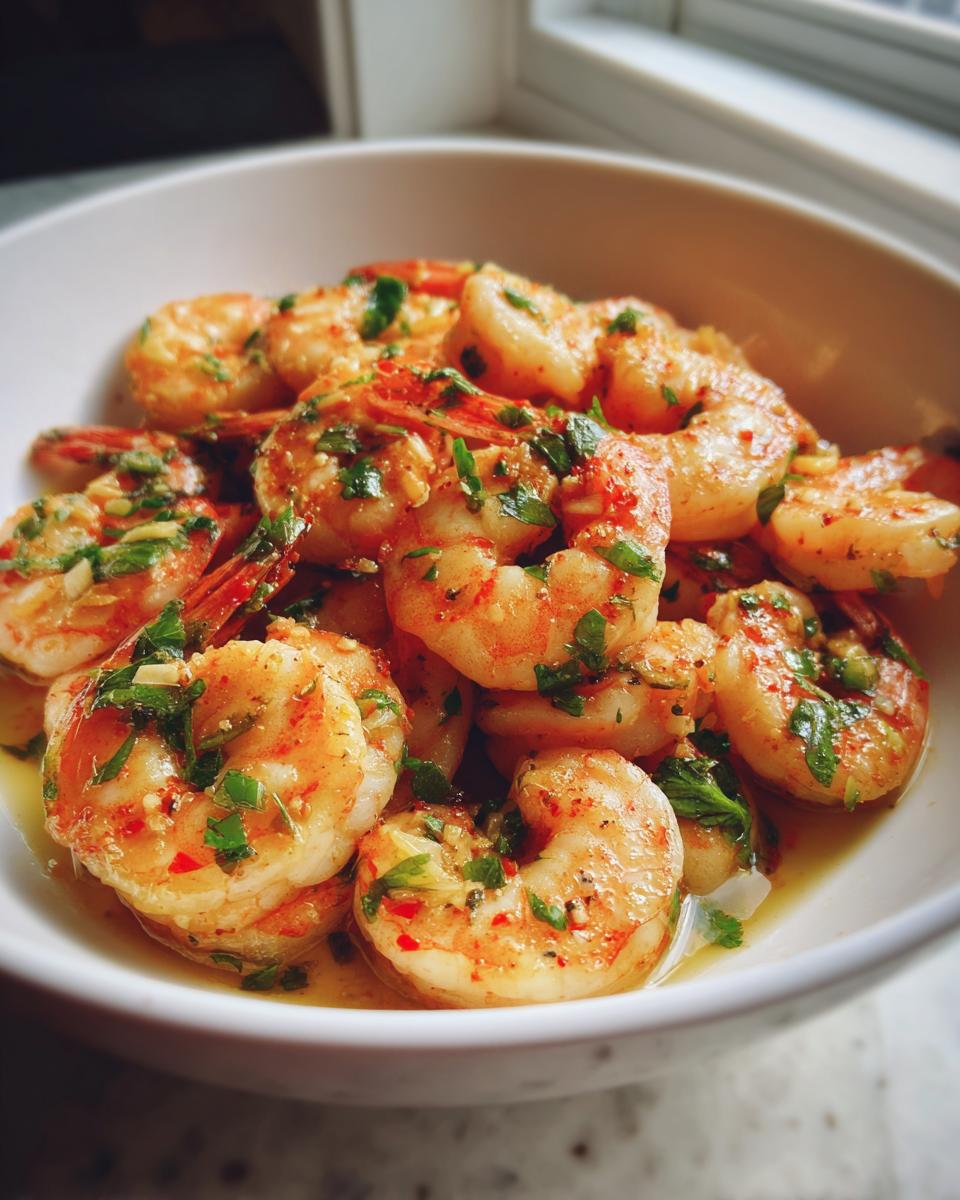 Bowl of spicy garlic shrimp garnished with herbs for healthy shrimp recipes
