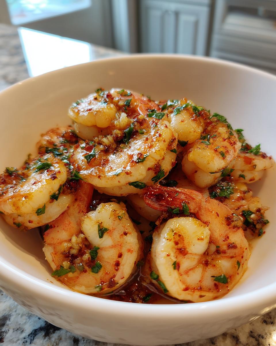 Bowl of spicy garlic shrimp garnished with herbs, perfect for healthy shrimp recipes.
