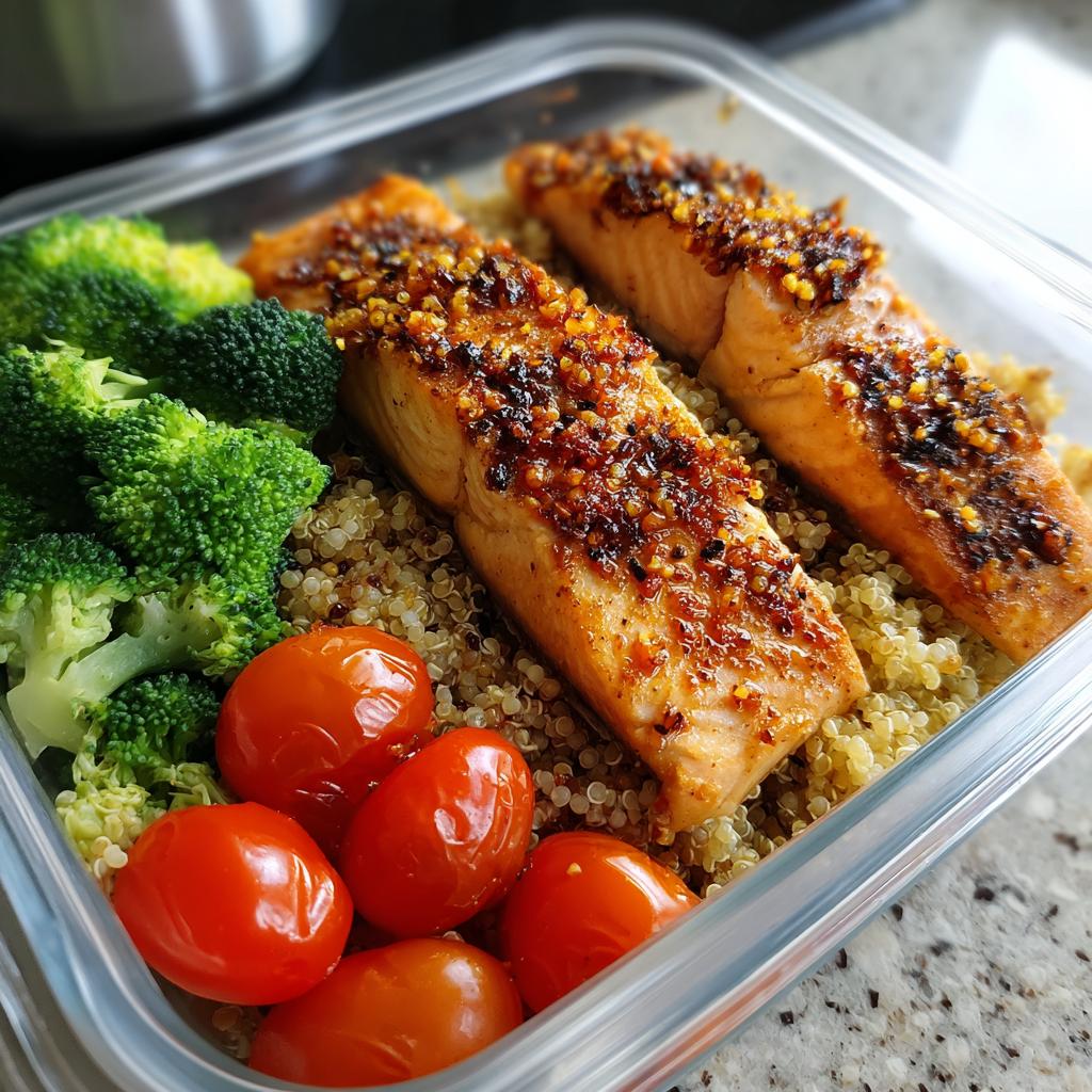 Salmon meal prep with two spicy salmon fillets on quinoa, broccoli, and cherry tomatoes in a glass container.
