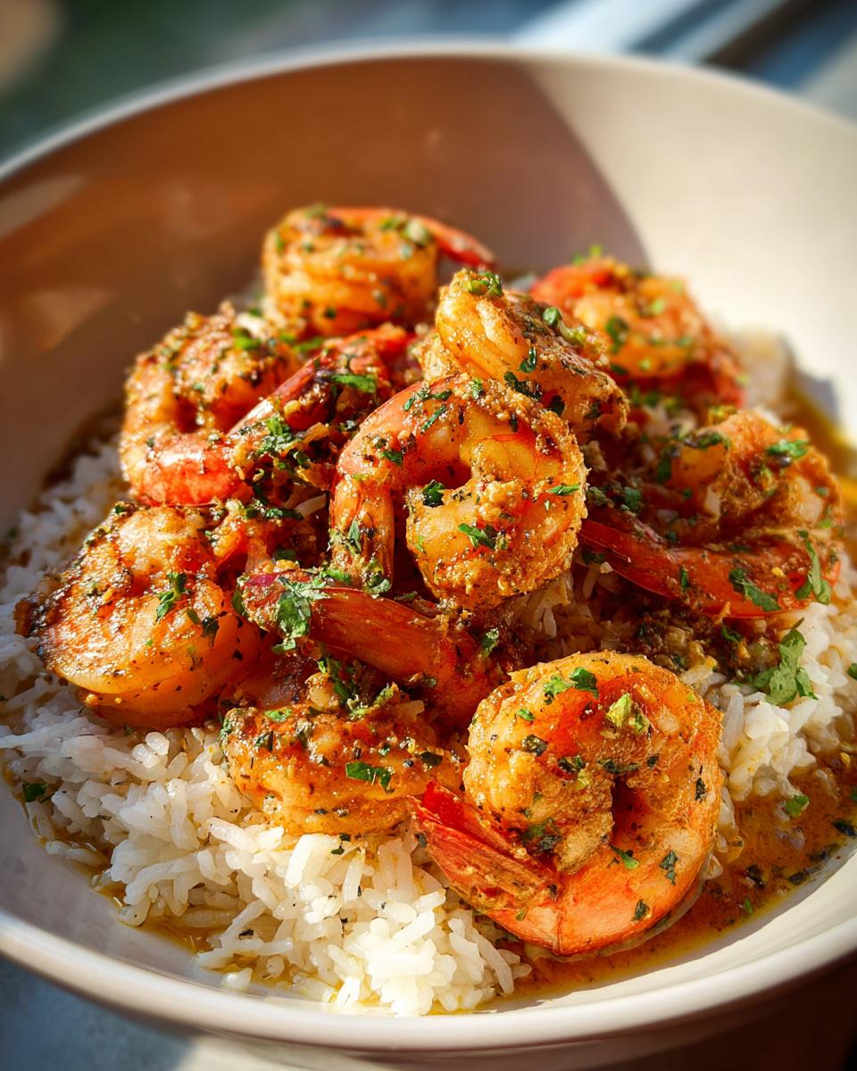Bowl of spicy shrimp served over white rice garnished with herbs for shrimp and rice iftar recipes