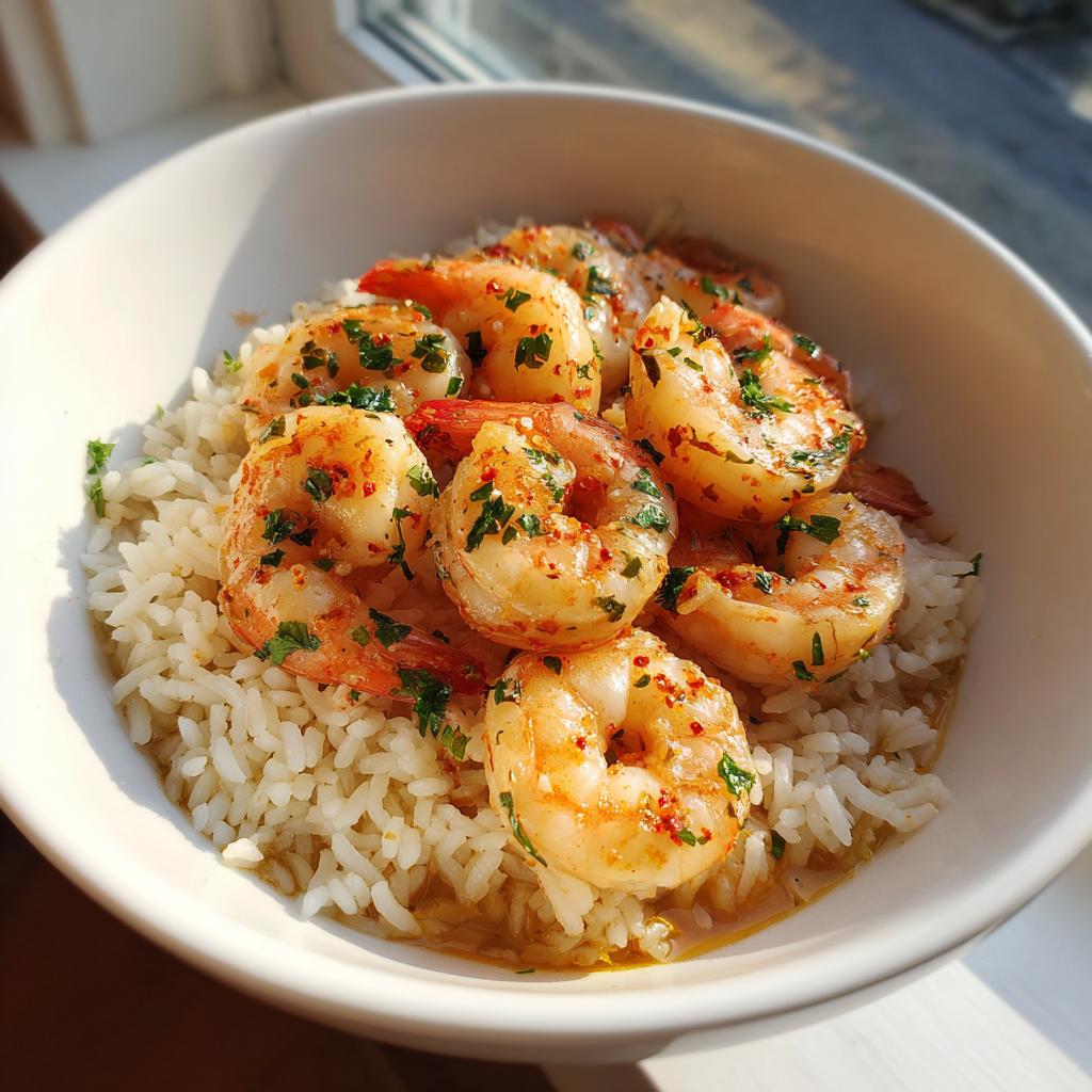 Bowl of shrimp and rice iftar recipes with seasoned shrimp on white rice garnished with herbs.