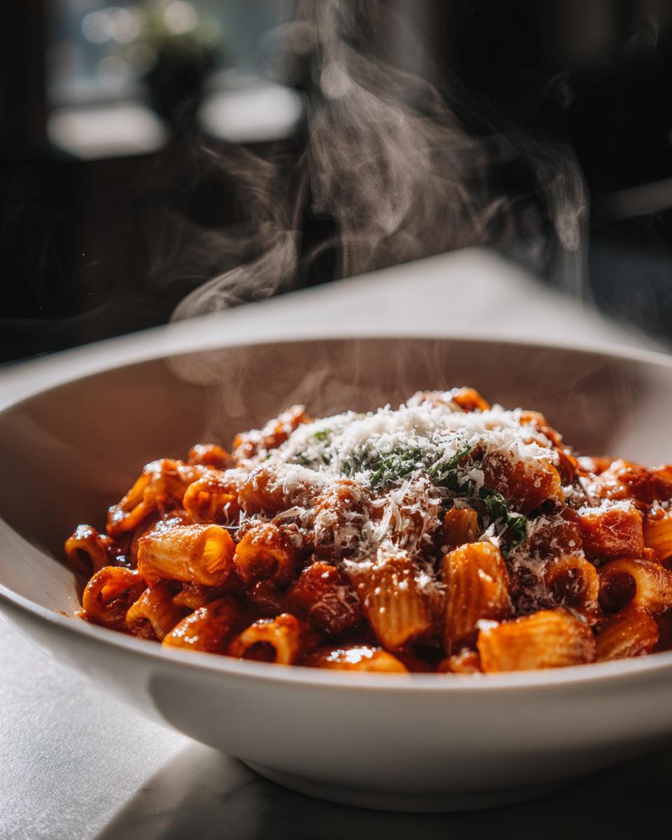 Steaming bowl of pasta with tomato sauce and grated cheese, perfect one pot dinners meal.