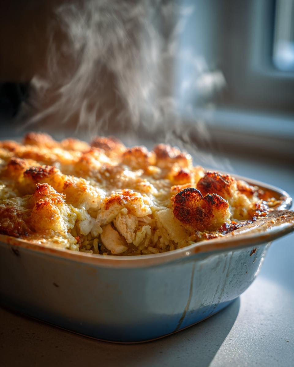 Hot steaming rice and chicken casserole iftar with golden browned topping in a baking dish