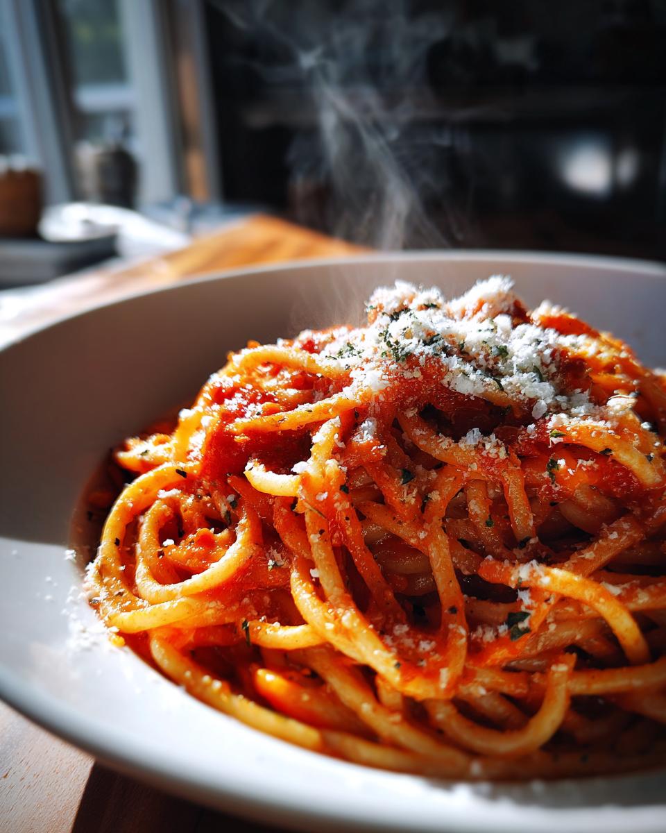 Close-up of steaming spaghetti with tomato sauce and grated cheese in a white bowl, one pot dinners