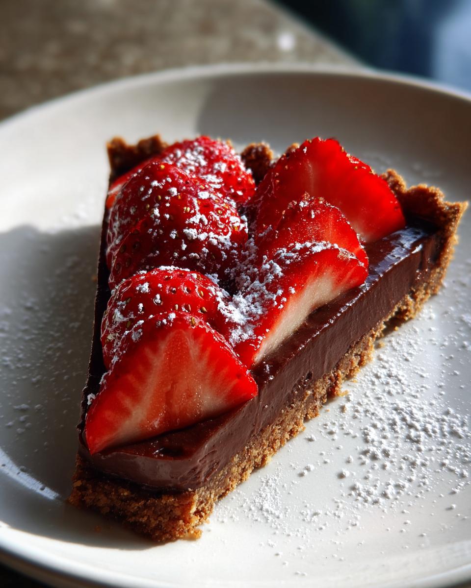 Slice of chocolate tart topped with fresh strawberries and powdered sugar on a white plate