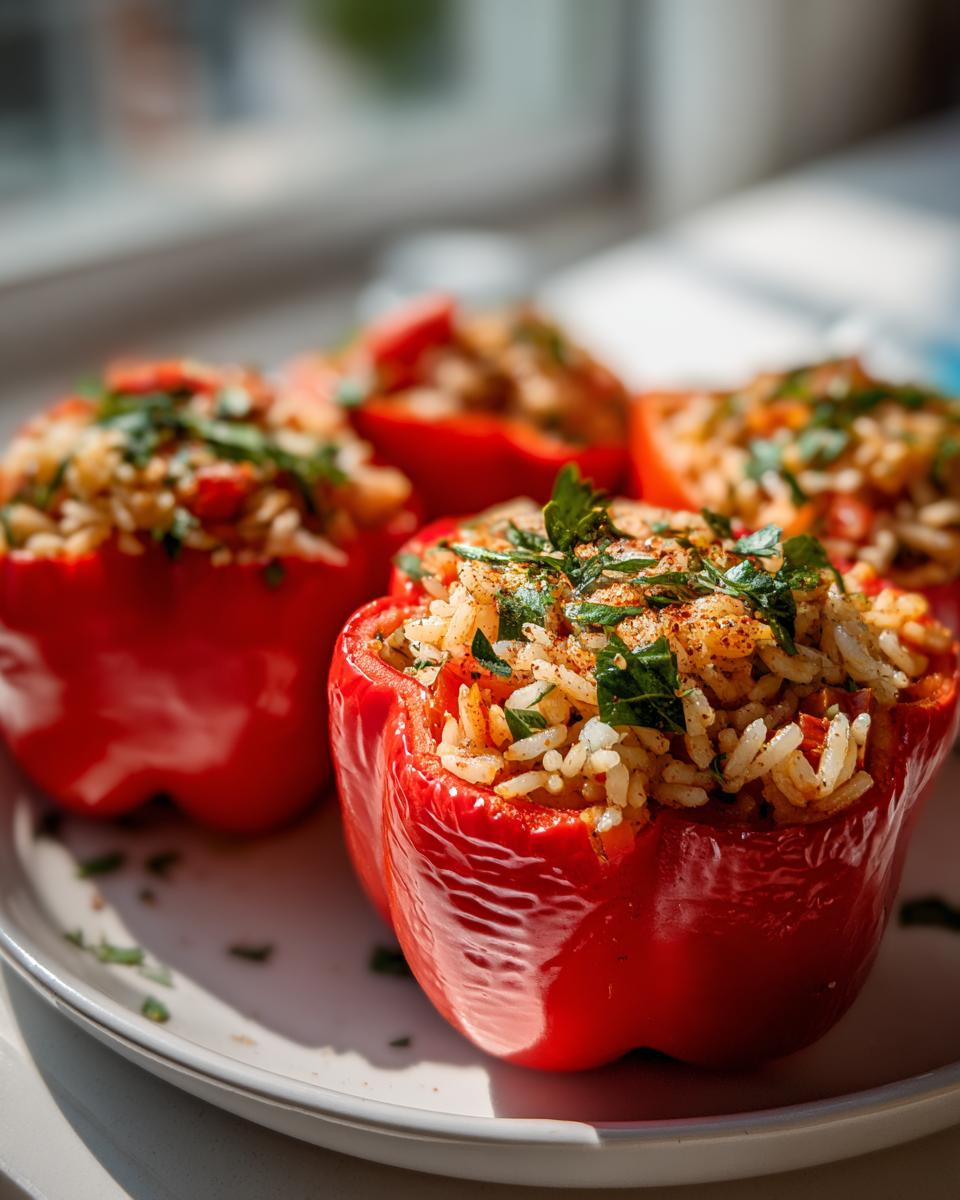 Red bell peppers stuffed with rice and herbs, served on a white plate for iftar.