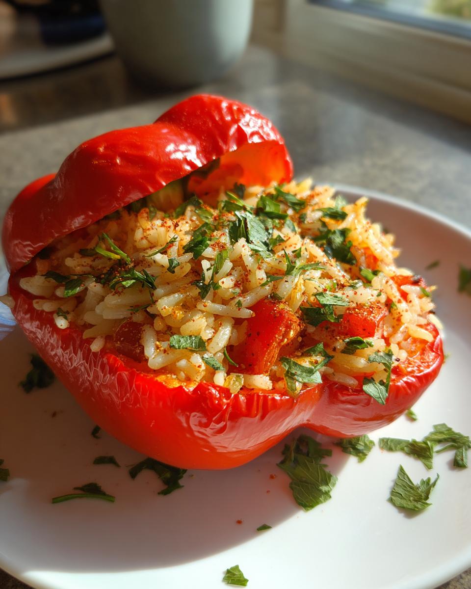 Red bell pepper stuffed with seasoned rice and herbs on a white plate, perfect stuffed bell peppers for iftar