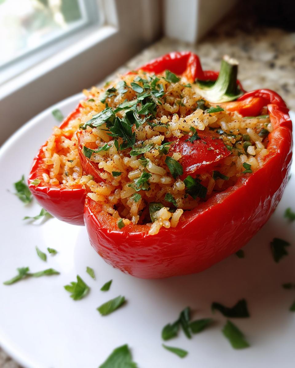 Red bell pepper stuffed with seasoned rice and fresh herbs on a white plate