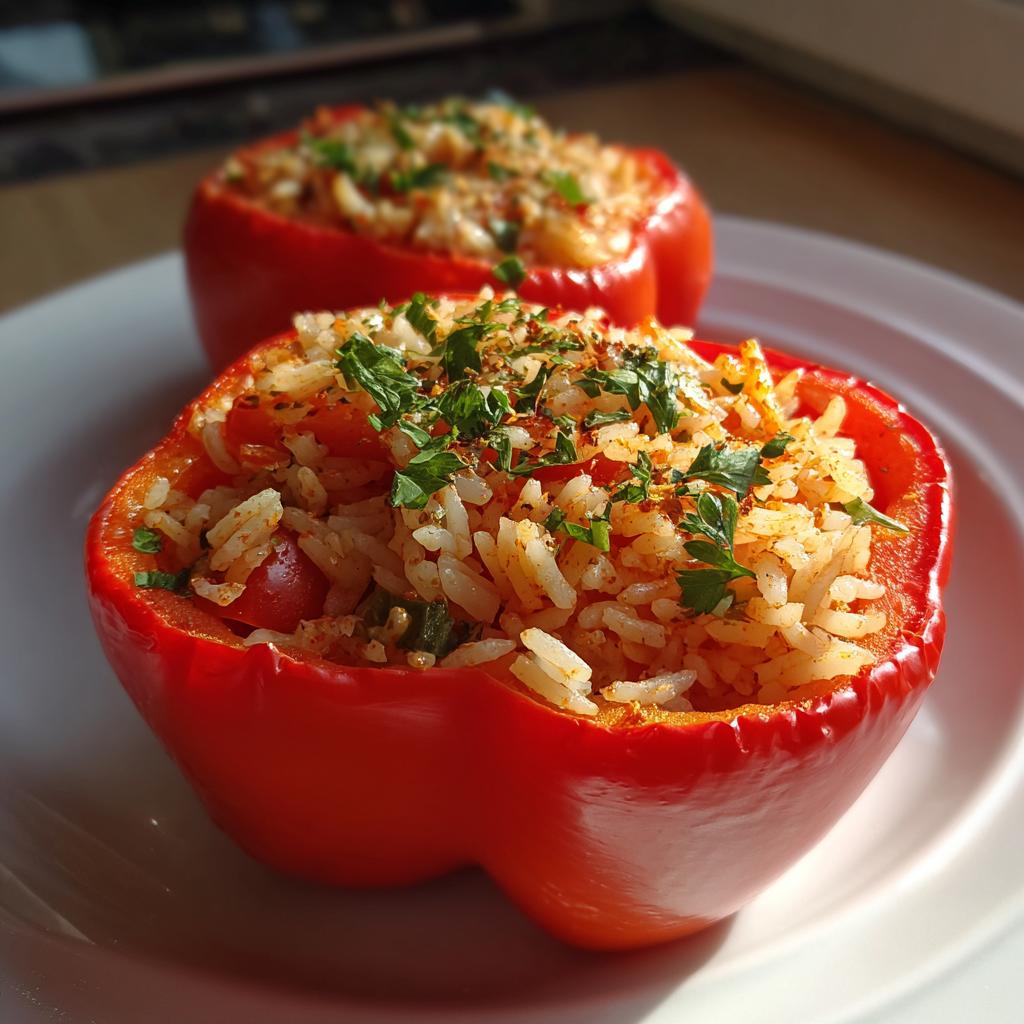 Two red stuffed bell peppers filled with seasoned rice and garnished with fresh herbs on a white plate.