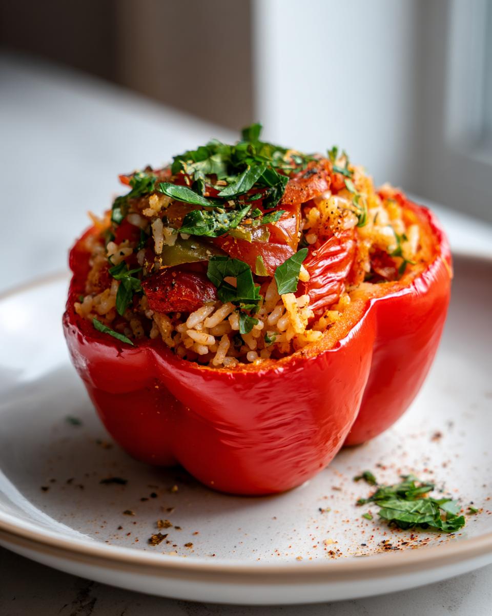 Red stuffed bell pepper filled with rice, tomatoes, and fresh herbs on a white plate.