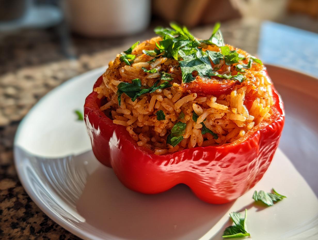 Red stuffed bell pepper filled with seasoned rice and garnished with fresh herbs on a white plate.
