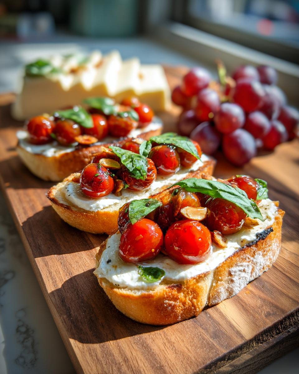 Bruschetta topped with roasted cherry tomatoes, basil, and creamy cheese on toasted bread for valentines appetizers