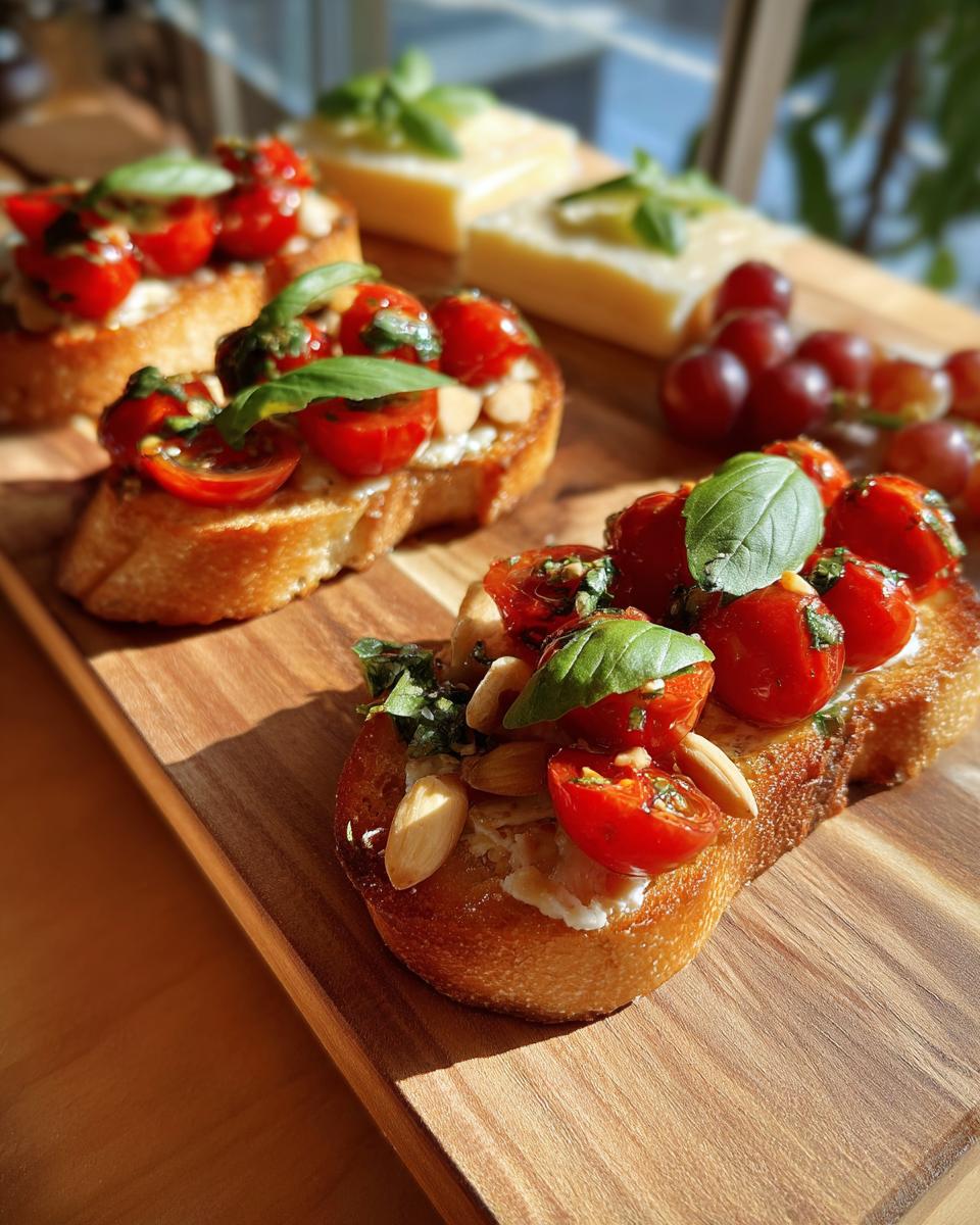Close-up of toasted bread topped with cherry tomatoes, basil, and nuts for valentines appetizers