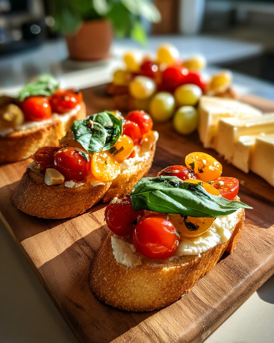 Close-up of tomato basil bruschetta on toasted bread as valentines appetizers