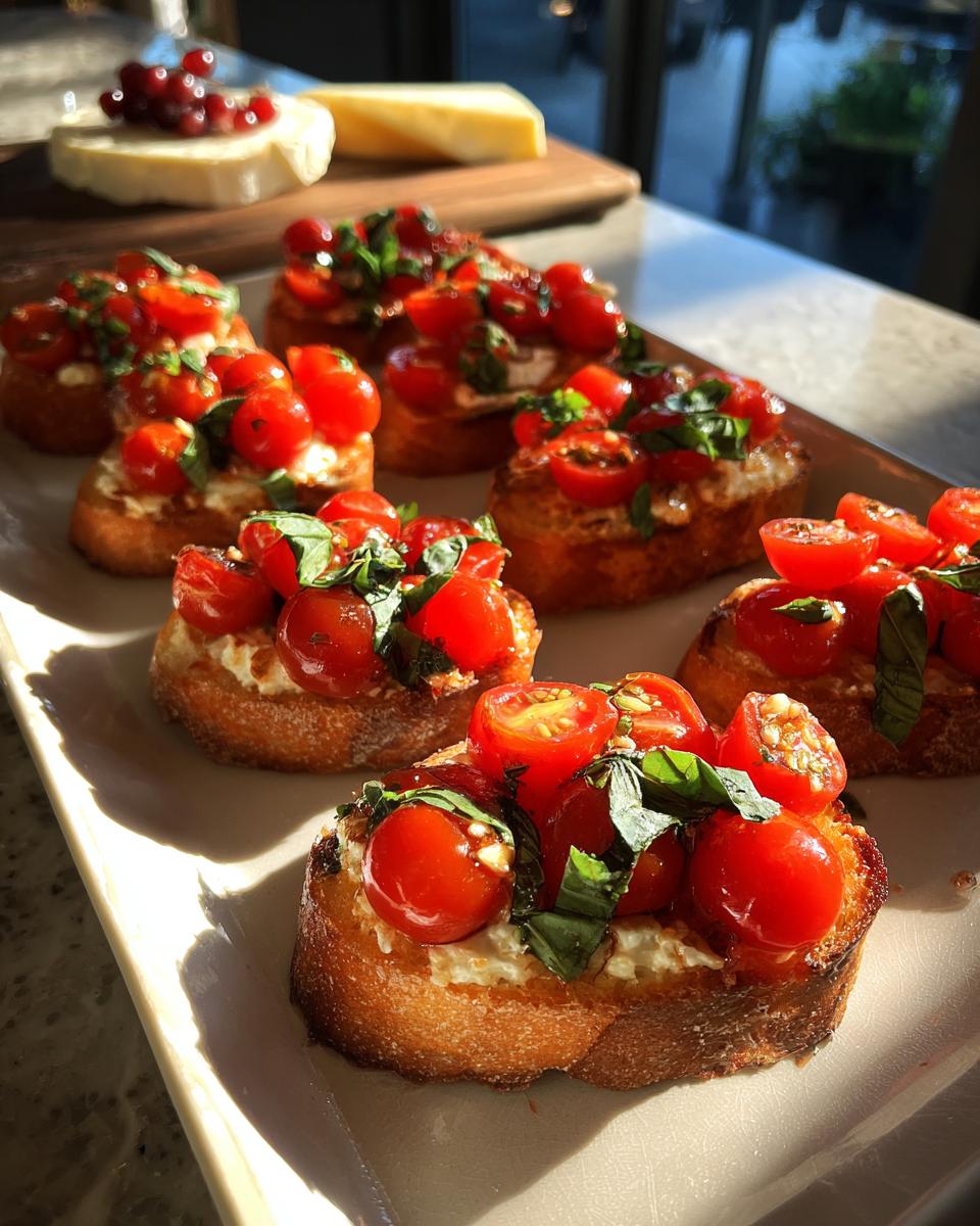 Close-up of toasted bruschetta topped with cherry tomatoes and basil, perfect valentines appetizers
