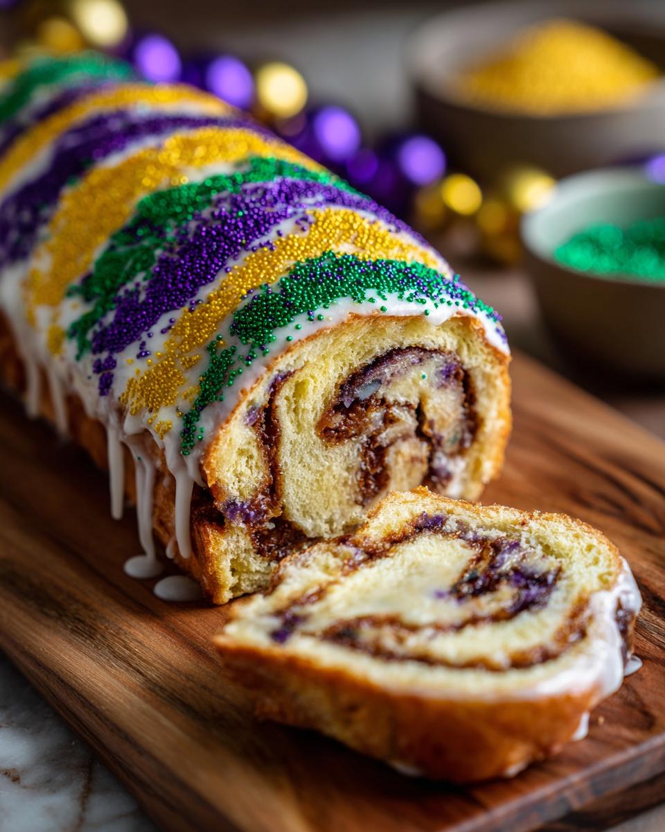 Sliced king cake with white icing and purple, green, and gold sprinkles on wooden board.