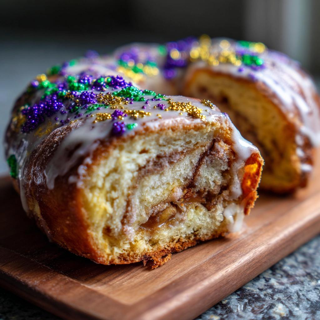 Close-up of a sliced king cake with white icing and purple, green, and gold sprinkles on top.
