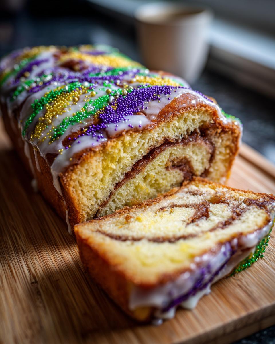 Sliced king cake loaf topped with icing and purple, green, and gold sprinkles on wooden board