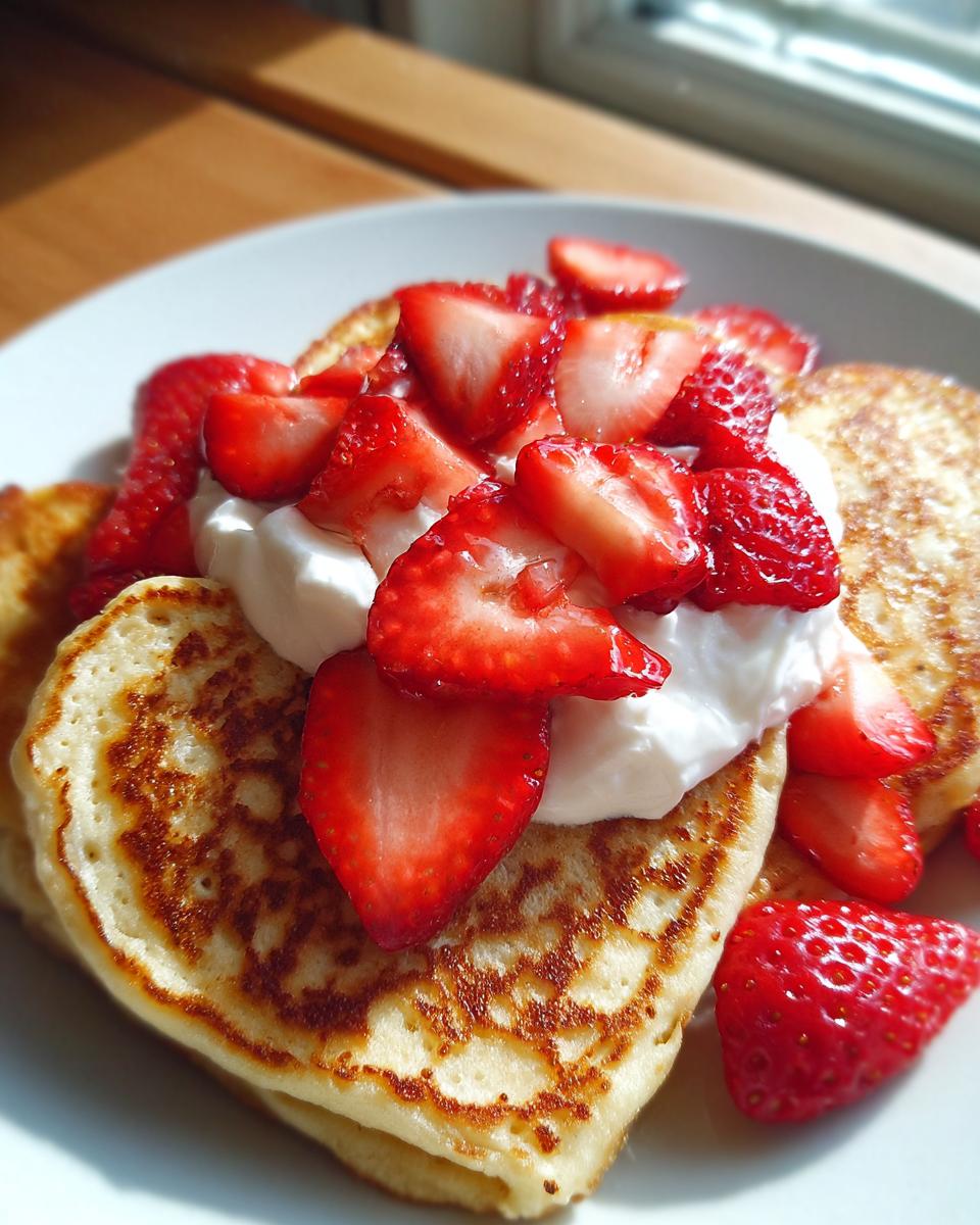 Stack of valentines breakfast pancakes topped with whipped cream and sliced strawberries on a white plate.