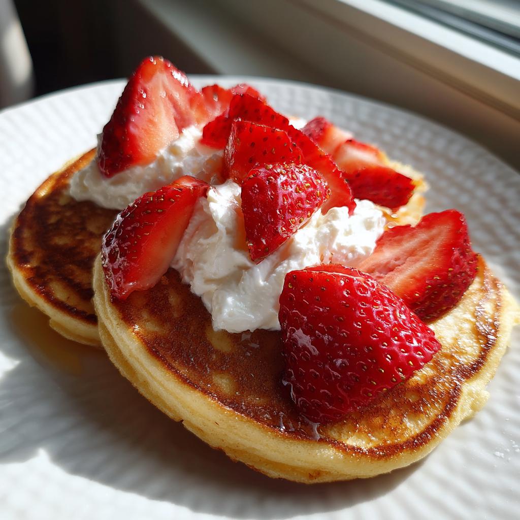 Two fluffy valentines breakfast pancakes topped with whipped cream and fresh strawberry slices.