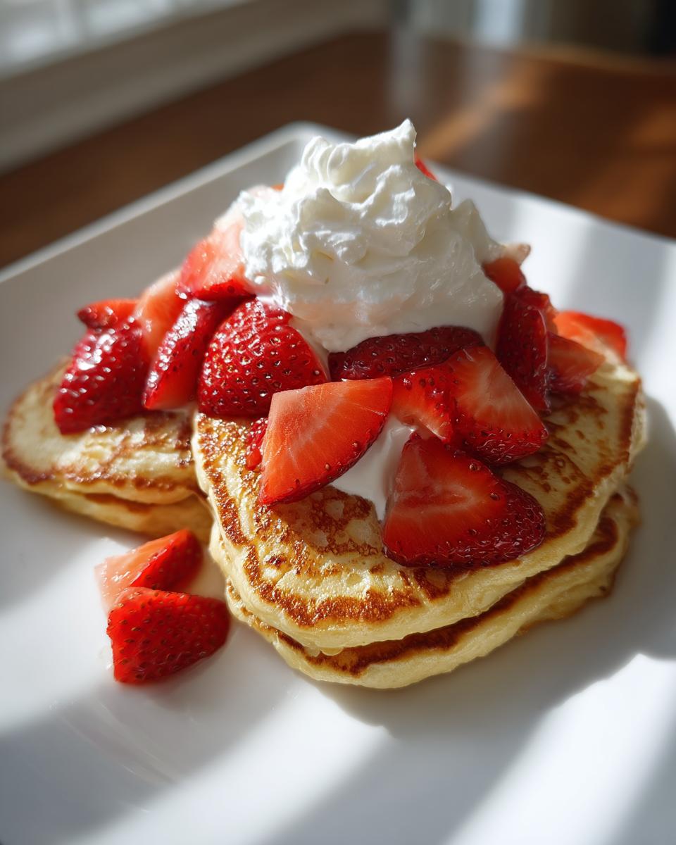 Stack of fluffy valentines breakfast pancakes topped with fresh strawberries and whipped cream on a white plate.