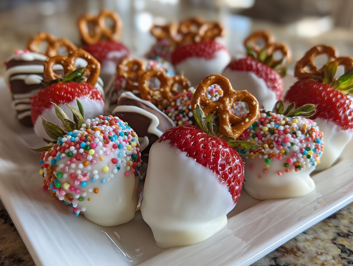 Strawberries dipped in white and dark chocolate decorated with sprinkles and pretzels for valentines snacks