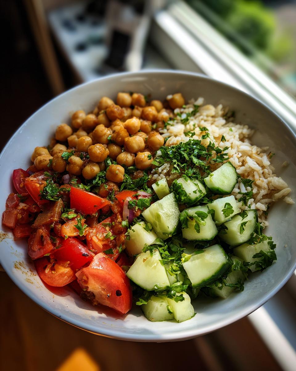 Bowl with chickpeas, rice, cucumber, and tomato salad for vegetarian iftar ideas easy