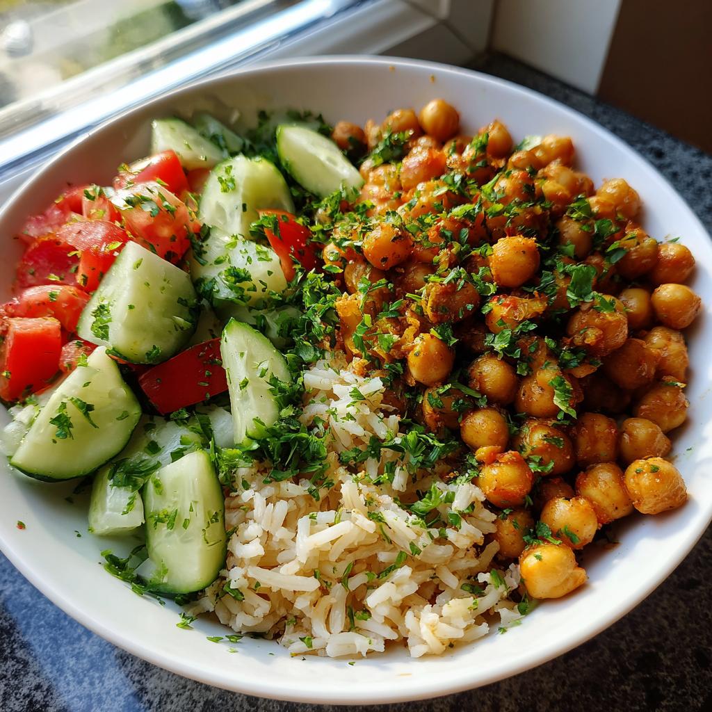 Bowl of chickpeas, rice, cucumber, and tomato salad garnished with fresh herbs for vegetarian iftar ideas easy