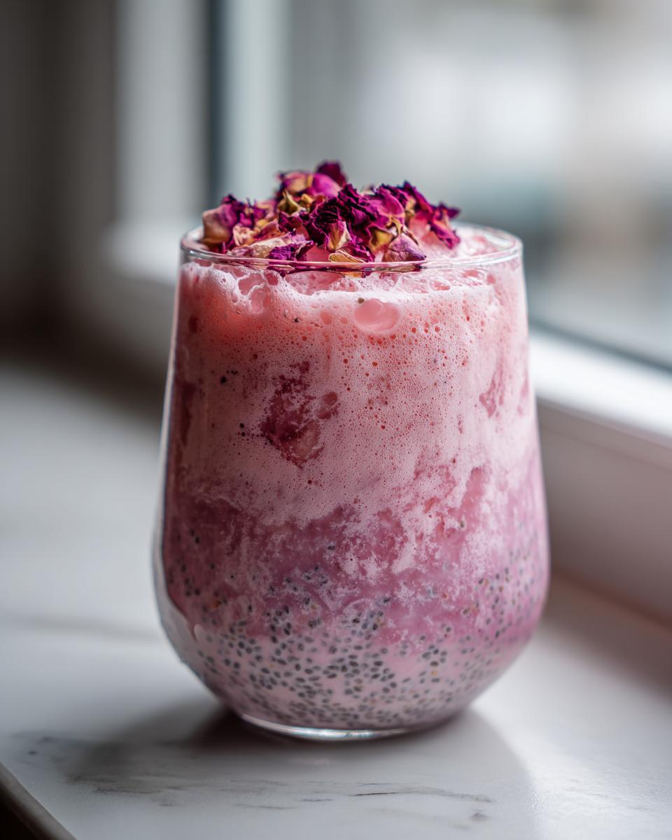 Close-up of viral pink rose milk ramadan drink topped with dried rose petals in a clear glass.