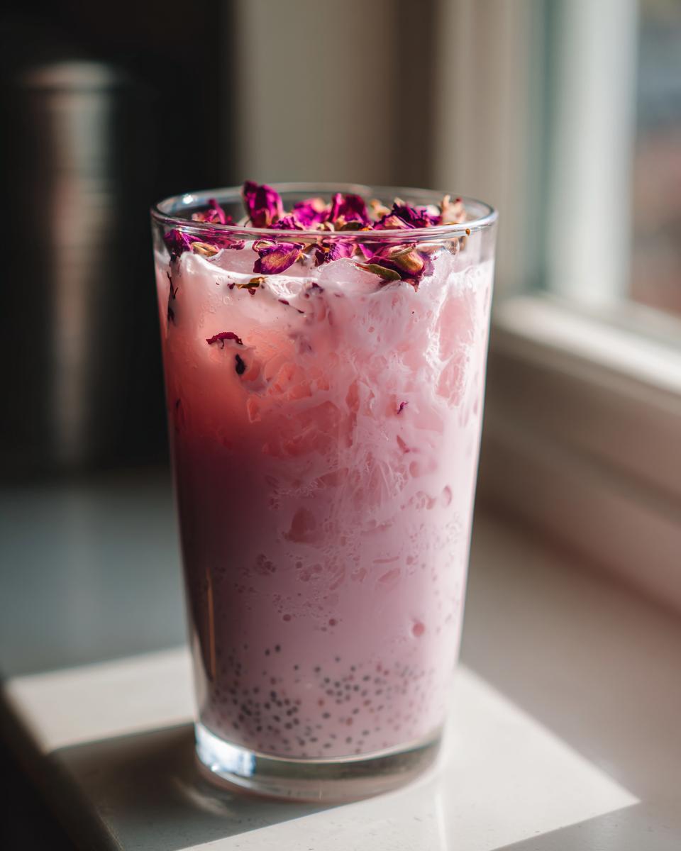 Glass of viral pink rose milk ramadan drink with ice and dried rose petals on top
