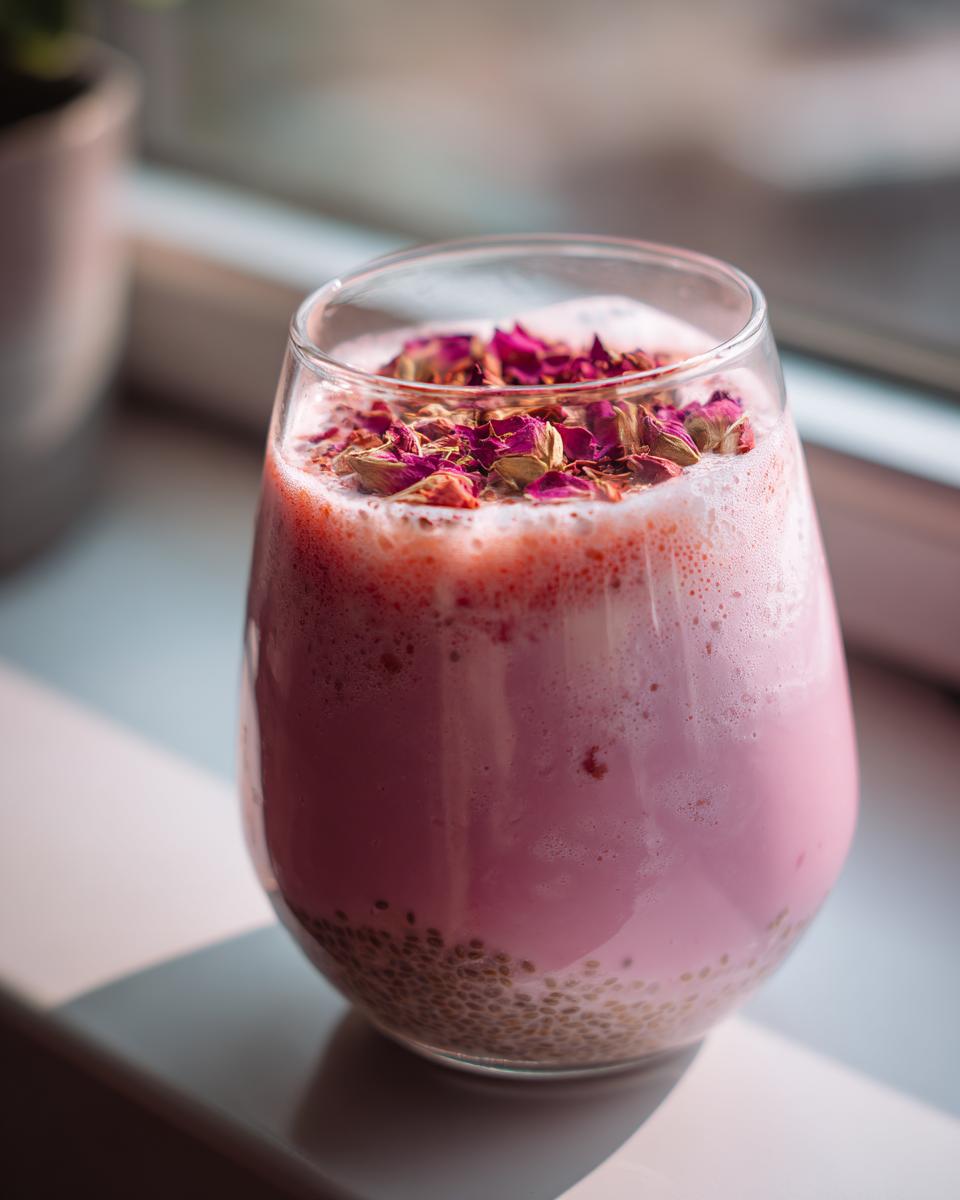 Glass of viral pink rose milk ramadan drink topped with dried rose petals and chia seeds at the bottom.