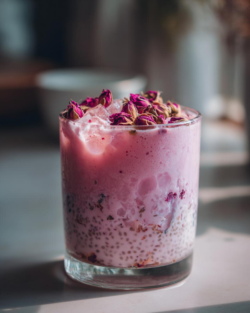 Glass of viral pink rose milk ramadan drink with ice and dried rose buds on top
