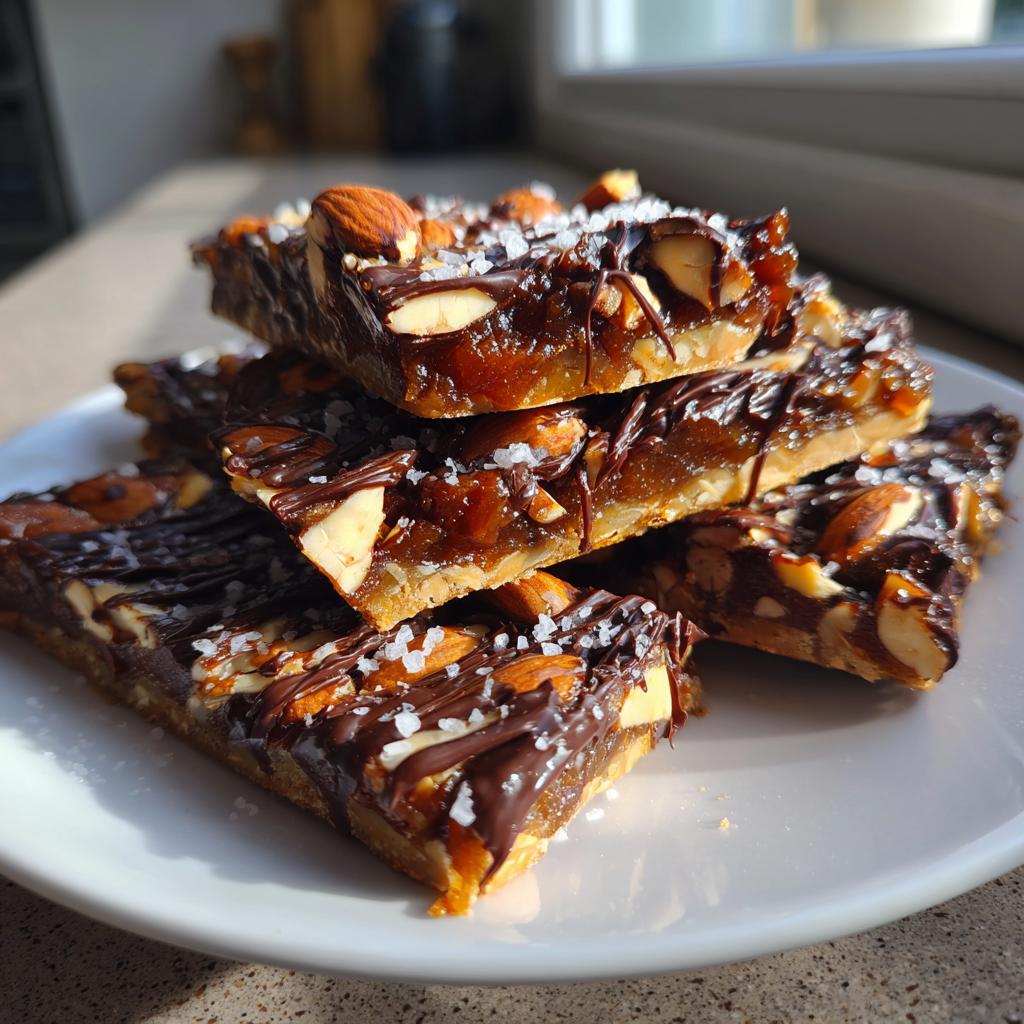 Close-up of stacked viral ramadan date bark topped with almonds, chocolate drizzle, and sea salt on a white plate.