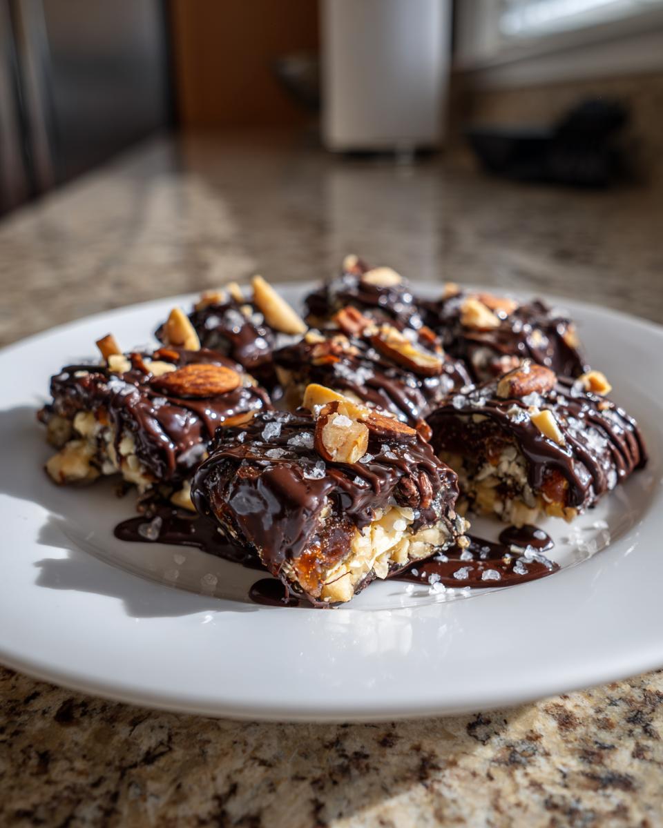 Close-up of viral ramadan date bark pieces drizzled with chocolate and topped with nuts on a white plate.