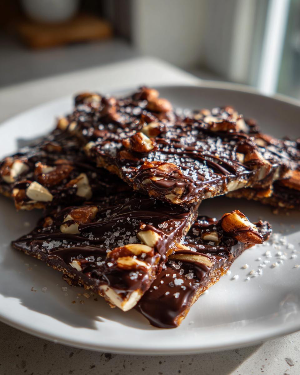 Pieces of viral ramadan date bark topped with nuts and drizzled chocolate on a white plate