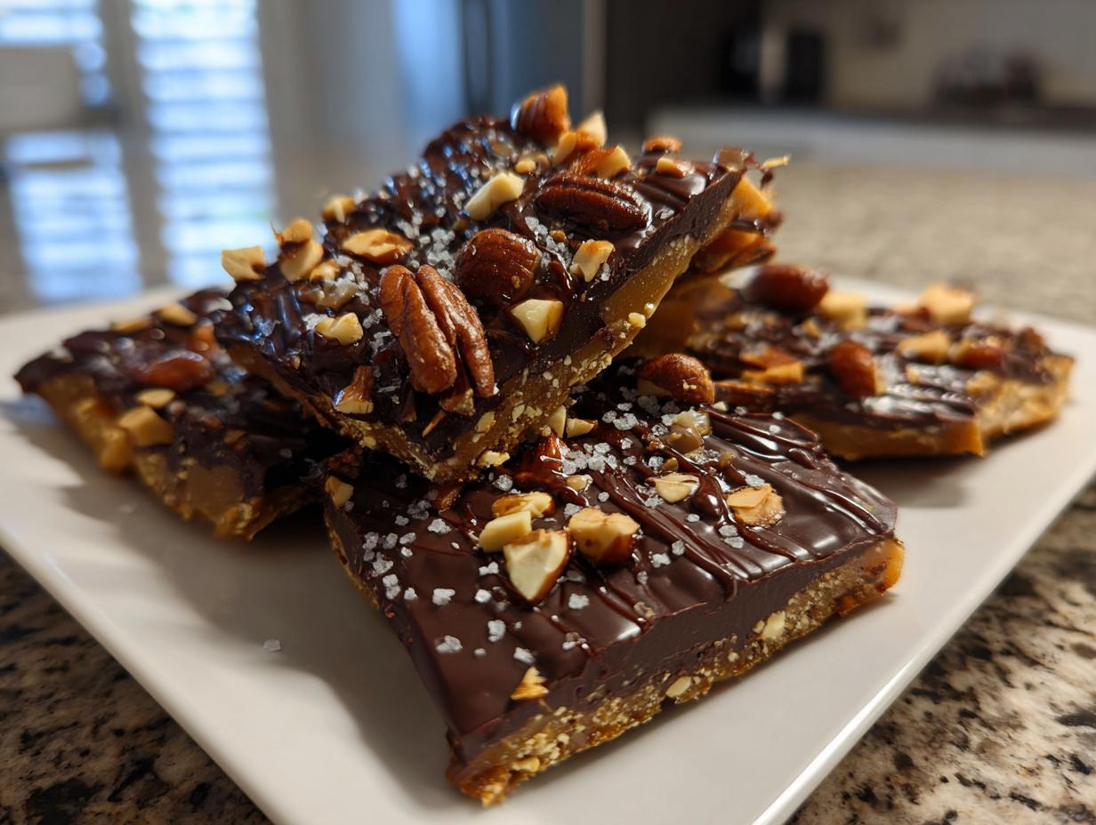 Pieces of viral ramadan date bark topped with chocolate, pecans, chopped nuts, and sea salt on a white plate.