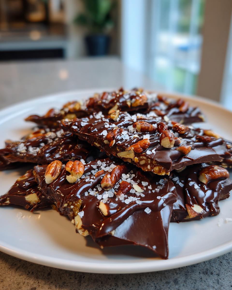 Close-up of viral ramadan date bark topped with pecans and sea salt on a white plate.
