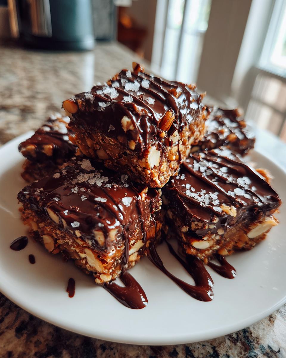 Stack of viral ramadan date bark squares topped with chocolate drizzle and sea salt on white plate.