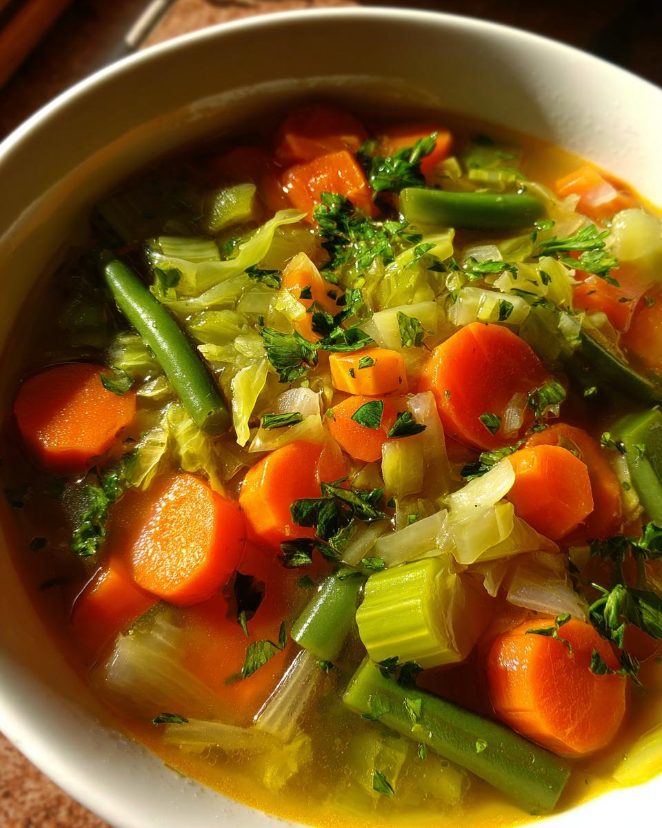 Bowl of weight loss soup with carrots, green beans, celery, and herbs in broth