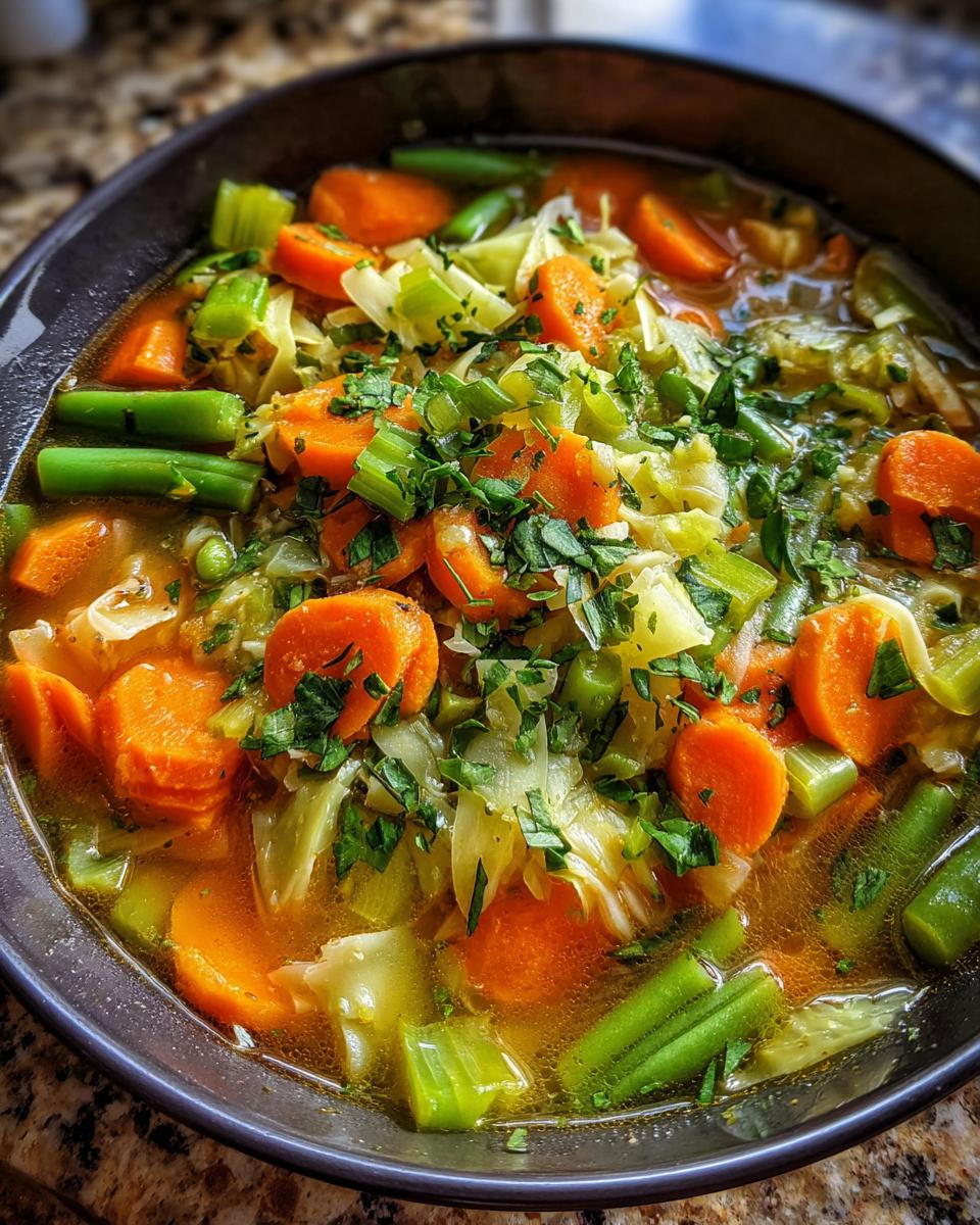 Bowl of weight loss soup with carrots, green beans, celery, and herbs in broth.