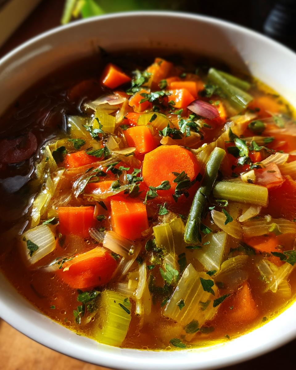 Close-up of a bowl of weight loss soup with carrots, celery, green beans, and herbs.
