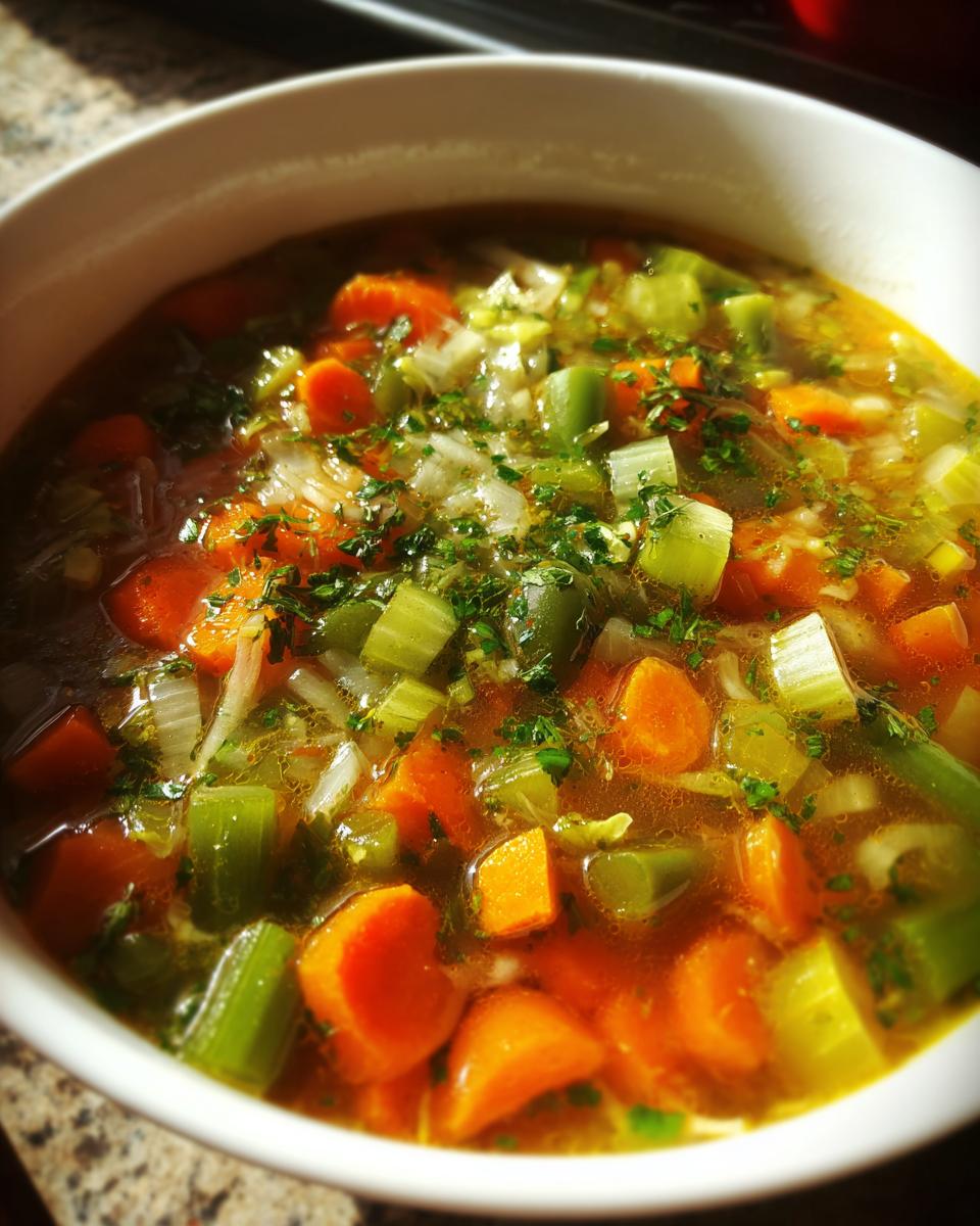 Bowl of weight loss soup with carrots, celery, onions, and herbs in clear broth.