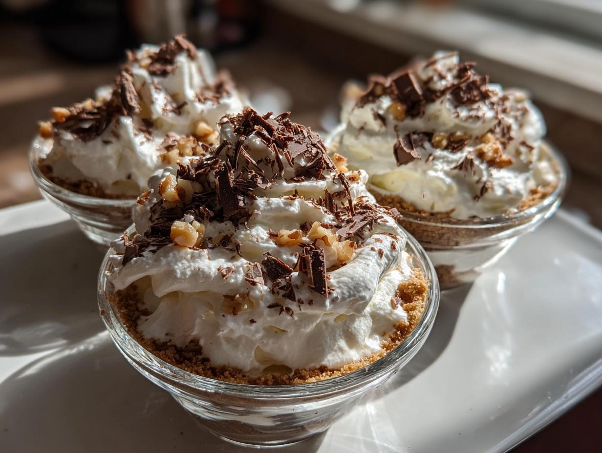 Three glass cups filled with whipped cream, chocolate shavings, and crushed nuts ramadan dessert cups ideas